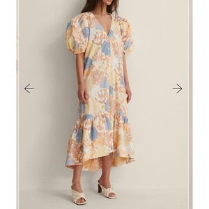 NA-KD Floral Puff Sleeve Midi Dress Button Detail V-Neck Summer Romantic S EU 36